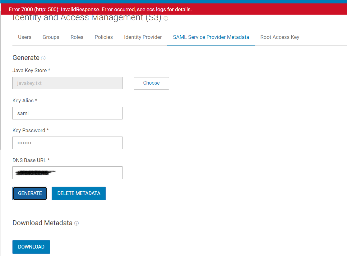 Erreur 7000 (http: 500)&nbsp;: InvalidResponse Error occurred, reportez-vous à ecs logs pour plus d’informations.