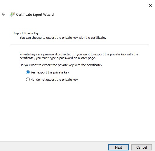 Selezionare Yes, export the private key