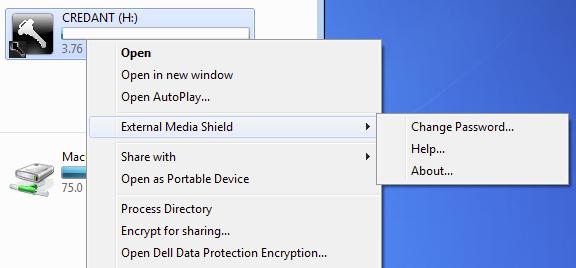 Vue de droite pour voir la modification du mot de passe de External Media Shield