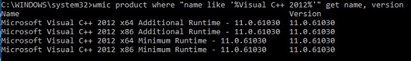 Suorita wmic-tuote, jossa name like '%Visual C++ 2012%' get name, version