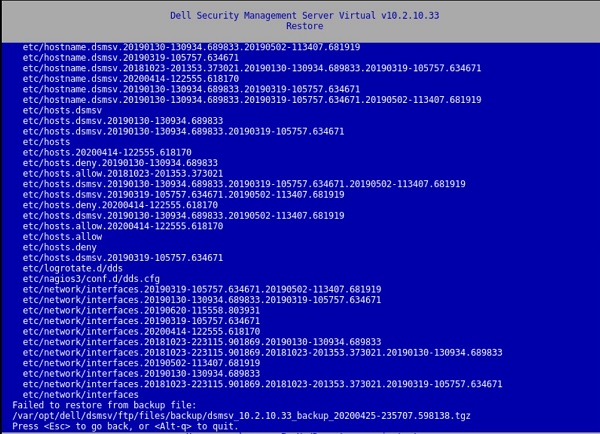 Restoreは、 Failed to restore from backup file を返します。