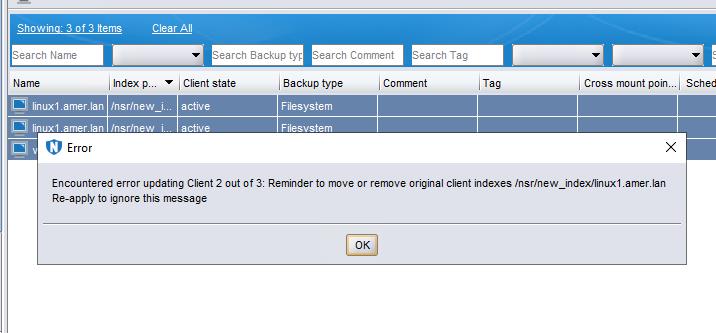 È possibile che si verifichi un errore: Errore riscontrato durante l'aggiornamento del client 2 su 3. Ricordarsi di spostare o rimuovere gli indici client originali