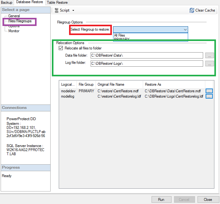 En Opciones de FIle/FileGroups, defina los siguientes ajustes:
