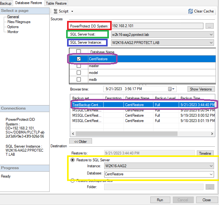 Fra fanen Data Base Restore (Gjenoppretting av database) konfigurerer du innstillingene for gjenoppretting: