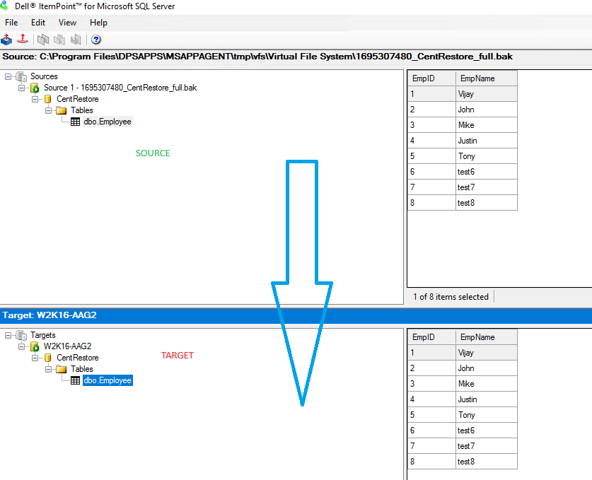 Drag and drop the required data from top source database to target database
