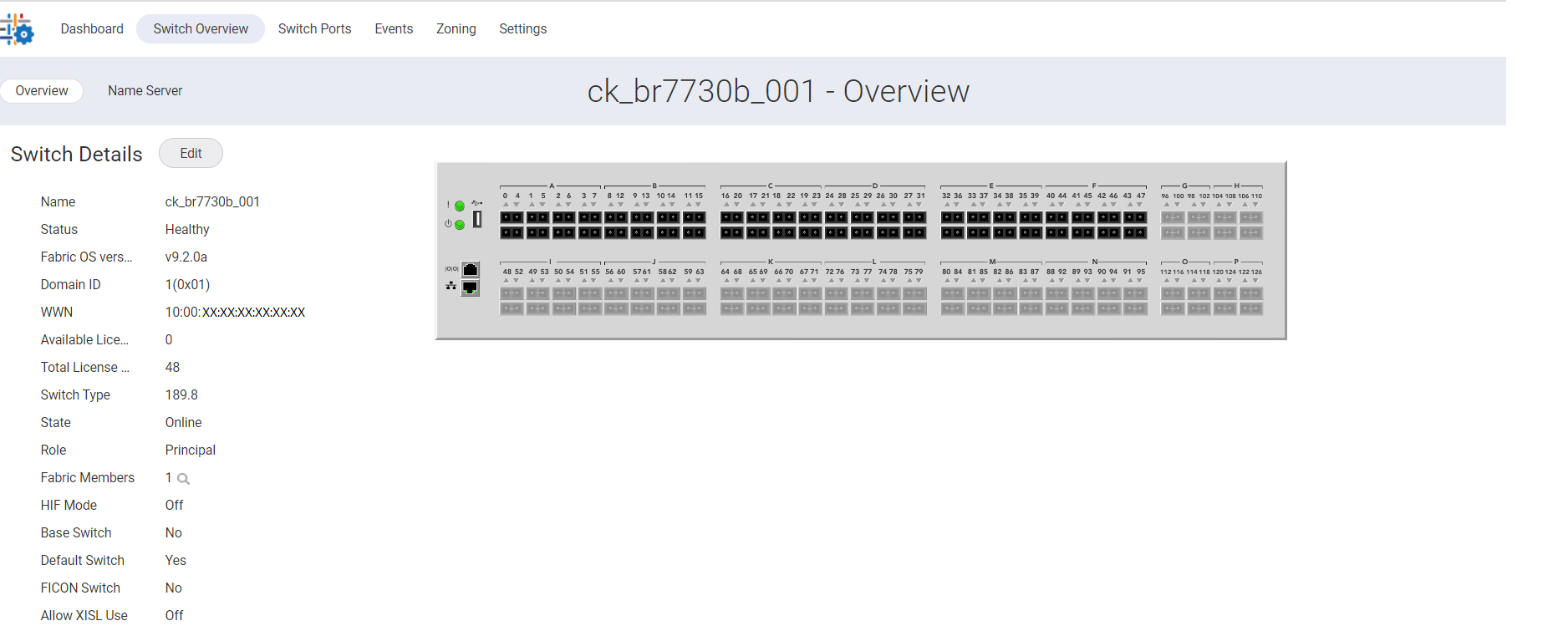 显示交换机概览的 WebTools UI，其中显示交换机详细信息