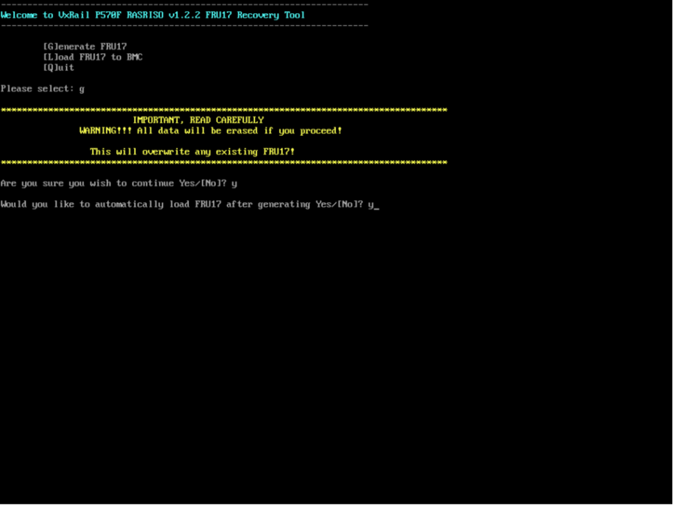 Screenshot showing to select Y to automatically load the FRU17 after generating.
