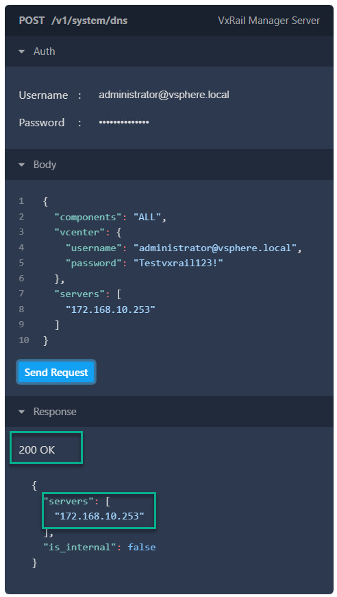 Picture of the POST DNS API on the VxRail Manager Server