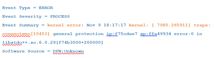 Problemer kan omfatte kjernefeil som nedenfor og krasj av connectEMC-tjenesten.