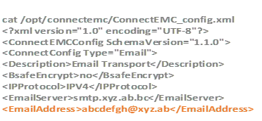 Se gjennom ConnectEMC_Config.xml for å bekrefte om ConnectEMC-innstillingene er feil, som i eksemplet nedenfor: