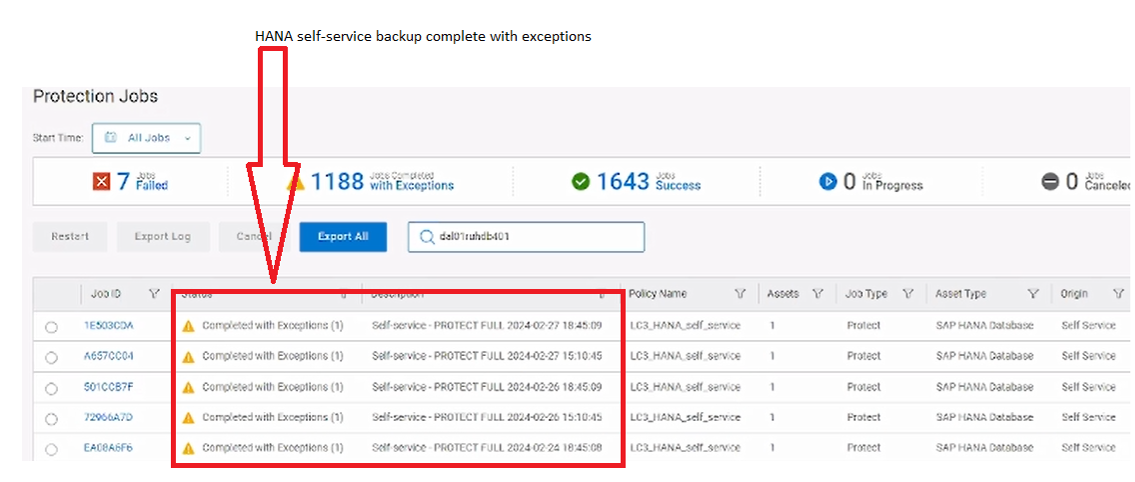 Los respaldos se completaron con excepción, como se muestra en la interfaz de usuario de PPDM: