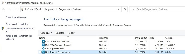 Exemplo de versão do Dell Trusted Device