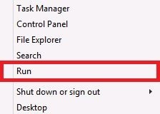 Opção Executar que é encontrada depois de clicar com o botão direito do mouse no menu Iniciar do Windows