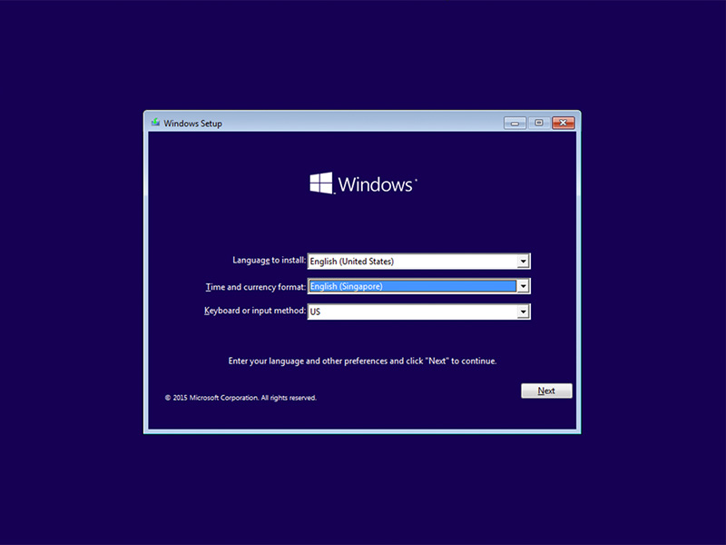 Écran de configuration Windows