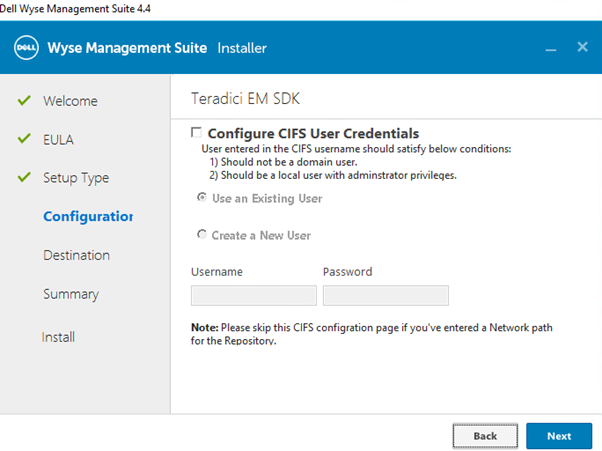 Teradici EM SDK Configuration menu without Teradici EM SDK selected