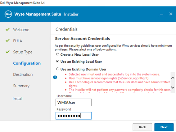 Service Account Credentials menu