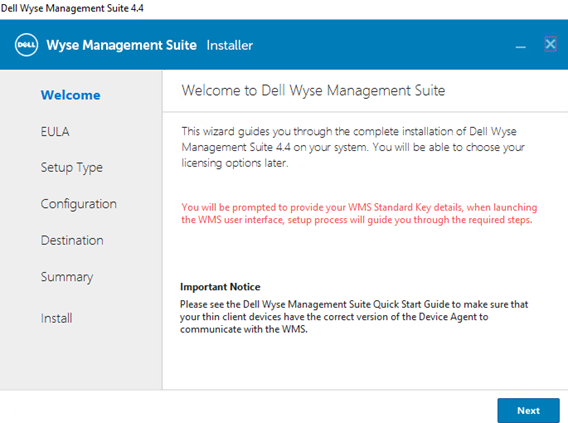 Welcome to Dell Wyse Management Suite screen