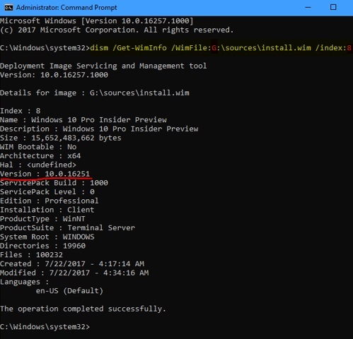 Example output from Get-WimInfo with a Version number