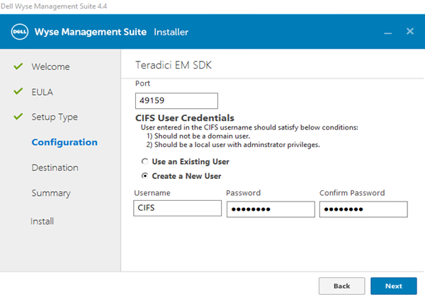 Teradici EM SDK-konfigurationsmenu med Teradici EM SDK valgt