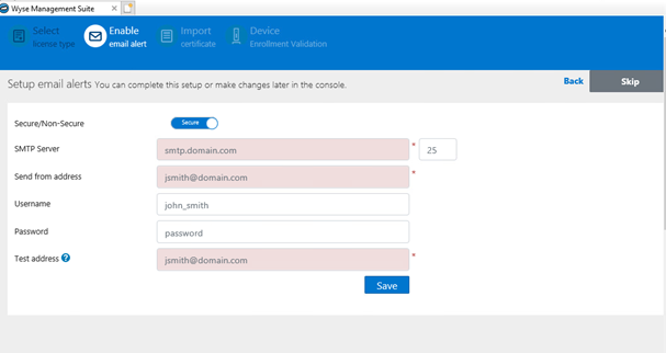 Menú de configuración de alertas por correo electrónico