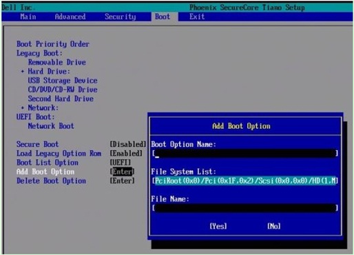 「Add Boot Option（ブートの追加オプション）」のフィールド