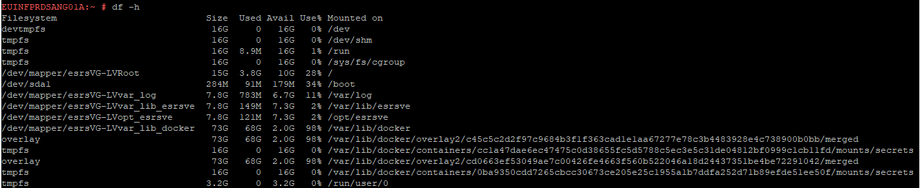 df -h risultato con servizi bloccati