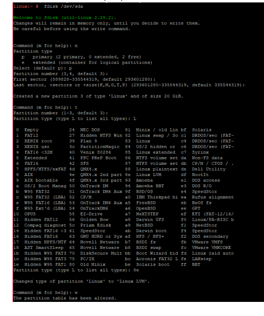 Executando o comando: fdisk /dev/sda