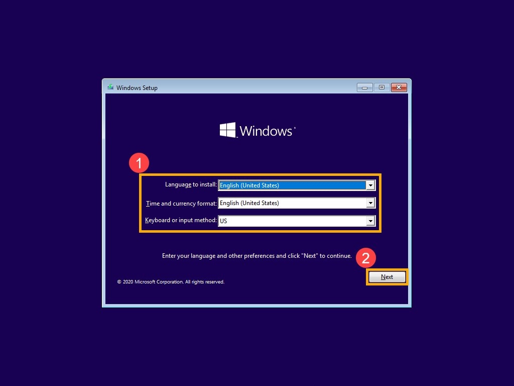 Windows Install Setup Language, Time and Currency Format, and Keyboard or Input Method