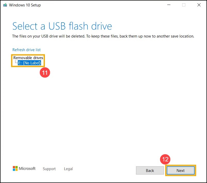 Windows 10 Media Creation Select USB Drive