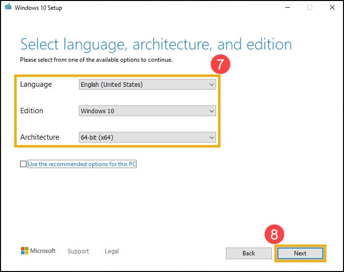 Windows 10 Media Creation Language, arkitektur og udgave