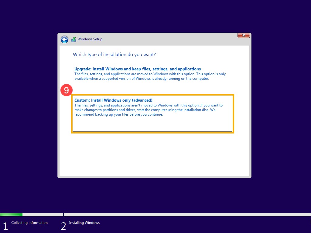 Configuration de l’installation de Windows : Type d’installation