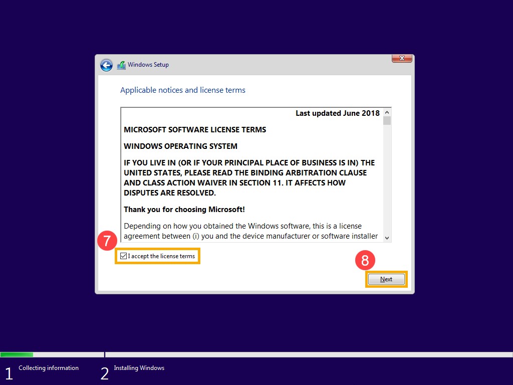 Términos de licencia de software de Microsoft y avisos correspondientes para configurar la instalación de Windows