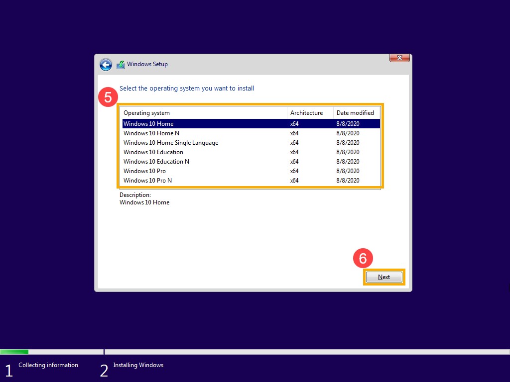 Windows Installationseinrichtung – Version auswählen