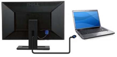 Illustration of connecting a video cable between the monitor and the laptop