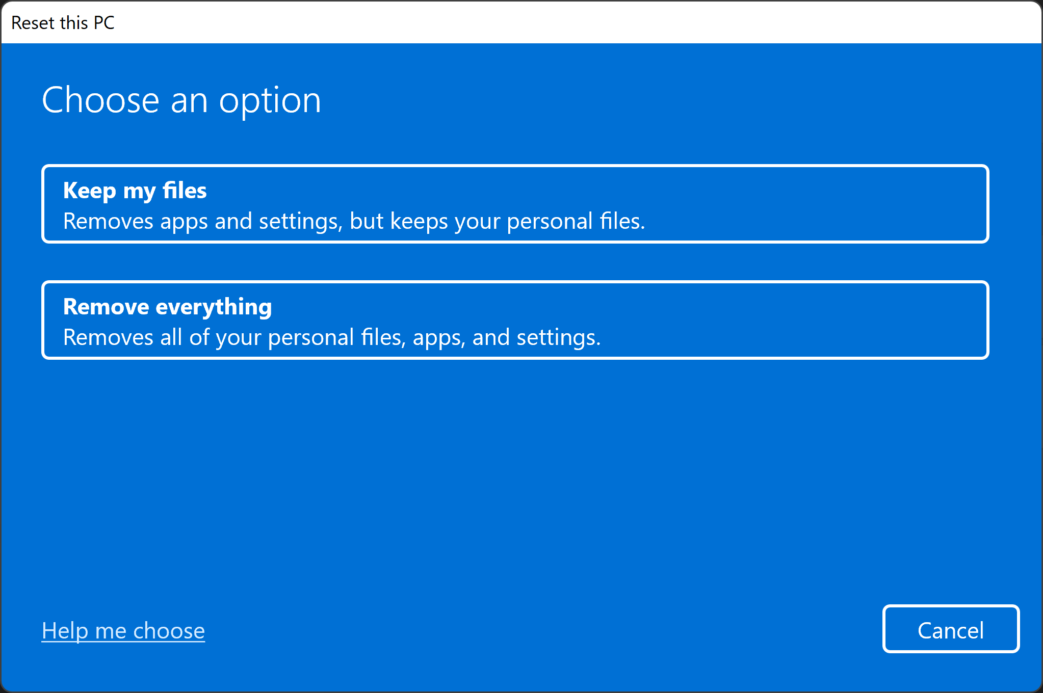 Options to reset the PC in Windows 11