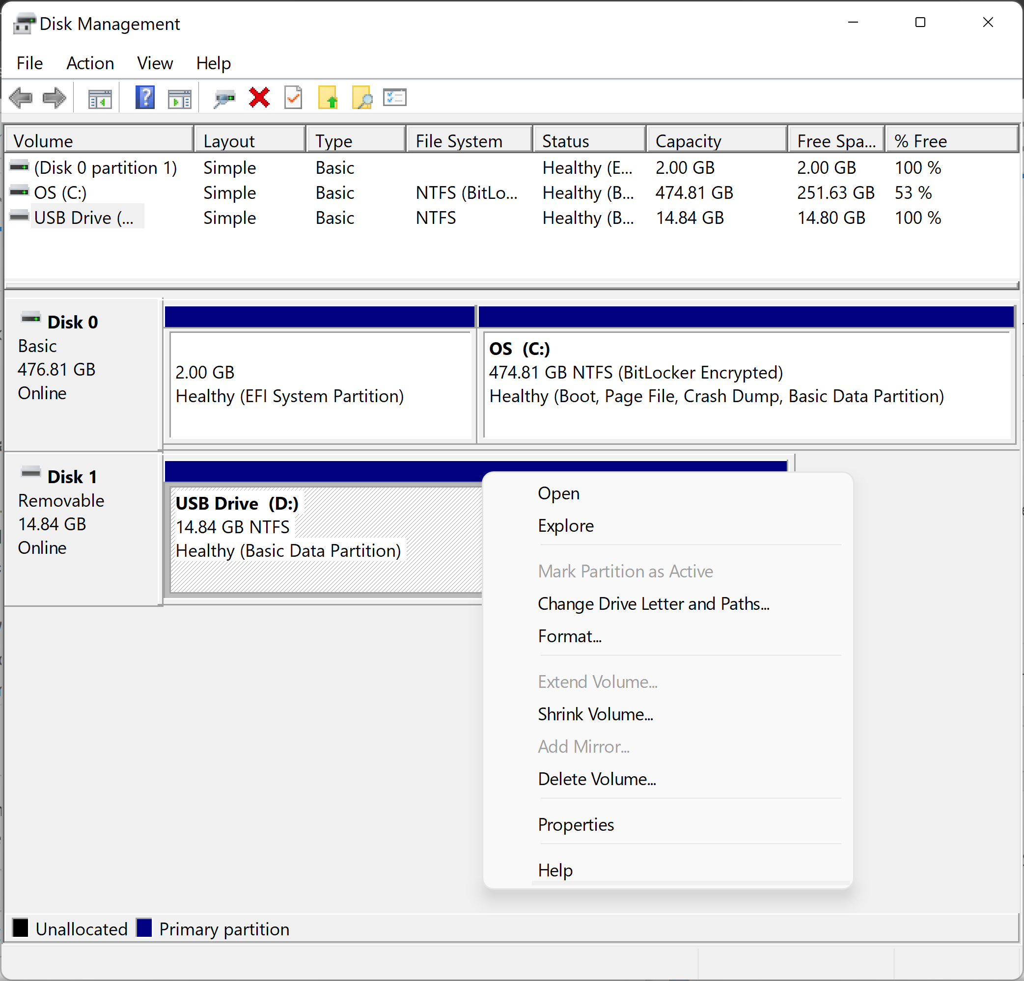 Disk management app showing the different drives that are connected to the computer