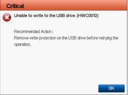 Error message export fails because the USB drive is read-only