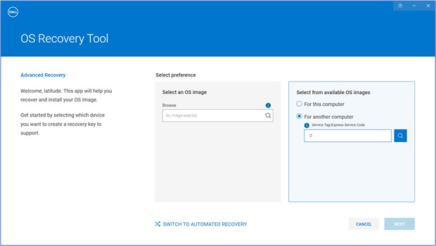 Select if using OS Recovery Tool for this computer or another computer