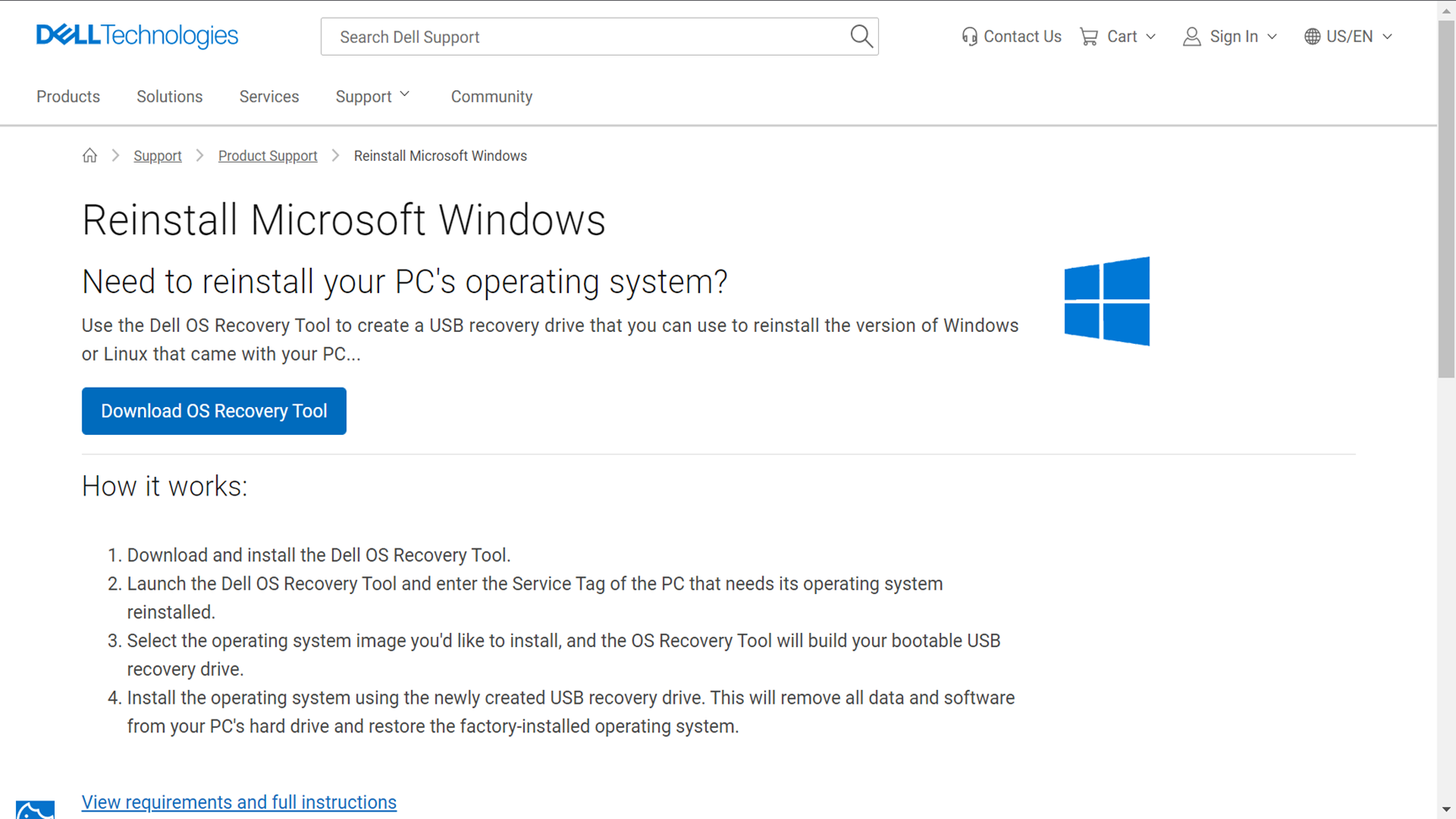 Nedlastingsside for Dell OS Recovery Tool