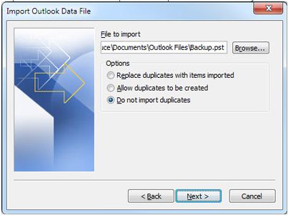 Set location for the pst file to import