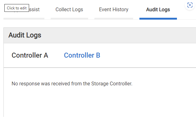 Os logs de auditoria exibem uma mensagem de erro