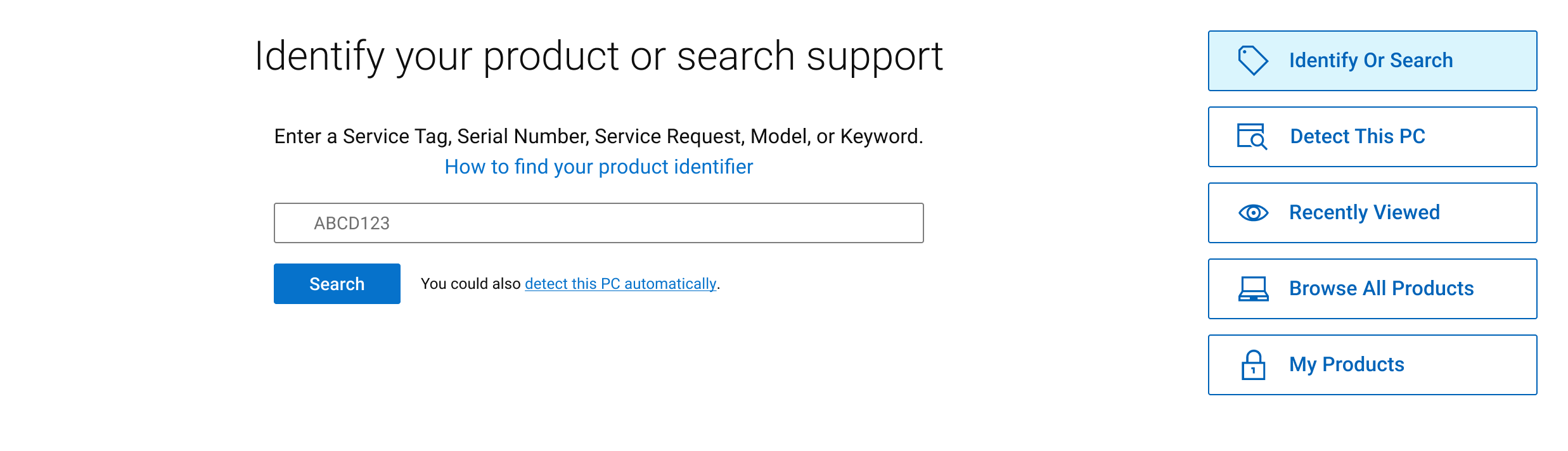 Identify Your Product or Search Support 화면