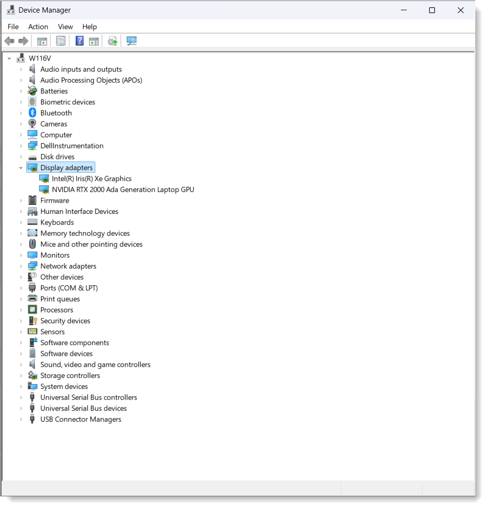 Windows device manager showing Intel and Nvidia graphics card