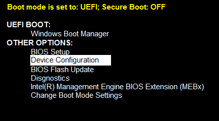 Menu de prédémarrage UEFI, option de configuration des appareils