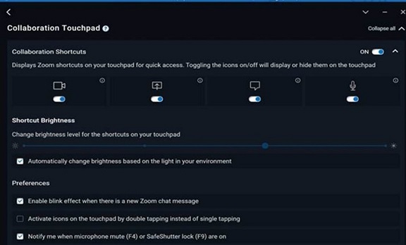 Menü des Touchpads für die Zusammenarbeit im Dell Optimizer