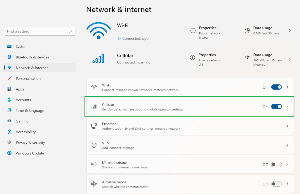 Configurações de celular no Windows 11