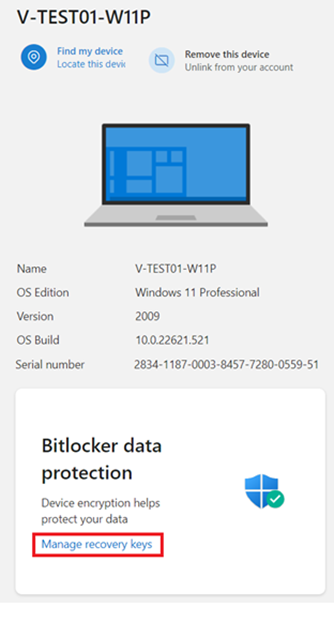 Szczegóły urządzenia i opcja Zarządzaj kluczami odzyskiwania