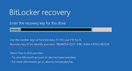 Ekran odzyskiwania funkcji BitLocker z kluczem odzyskiwania