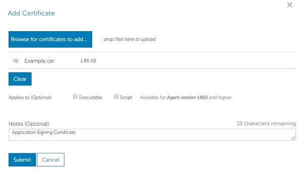 Menú Add Certificate