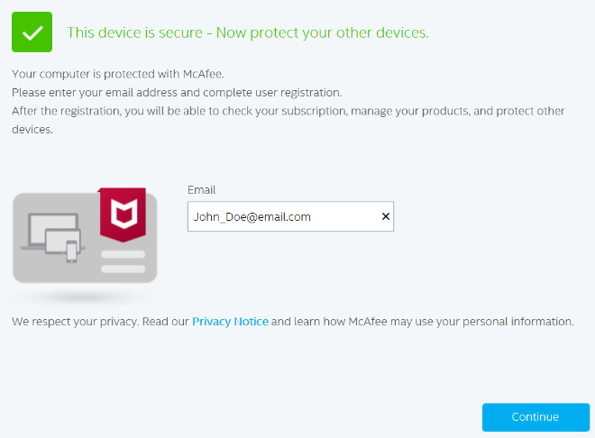 McAfee Small Business Security solicitando um endereço de e-mail